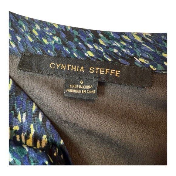 Cynthia Steffe Navy Tie Neck Babydoll Long Sleeve Patterned Mini Dress Size 6 - Picture 8 of 15